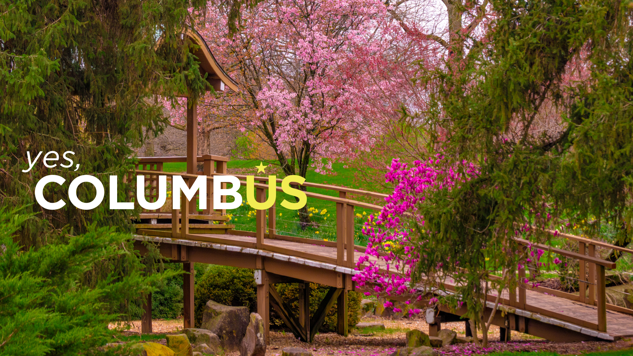 A wooden footbridge surrounded by green trees and blooming pink flowers in a park, with the text "yes, COLUMBUS" overlaid on the image.